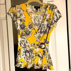 Yellow floral pattern wrap blouse
